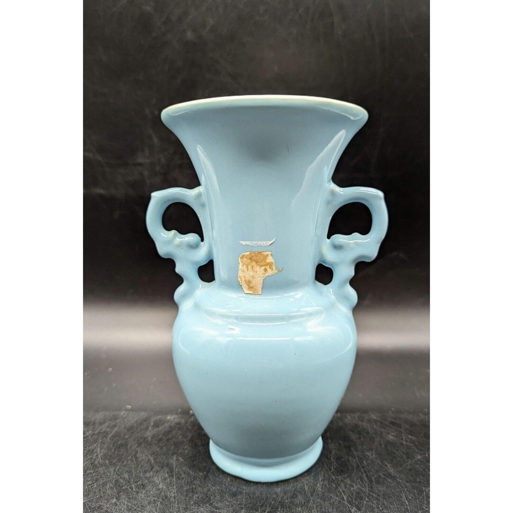 Vintage Abingdon Pottery Ceramic‎ Vase Cornflower Blue Handles Stoneware 7"